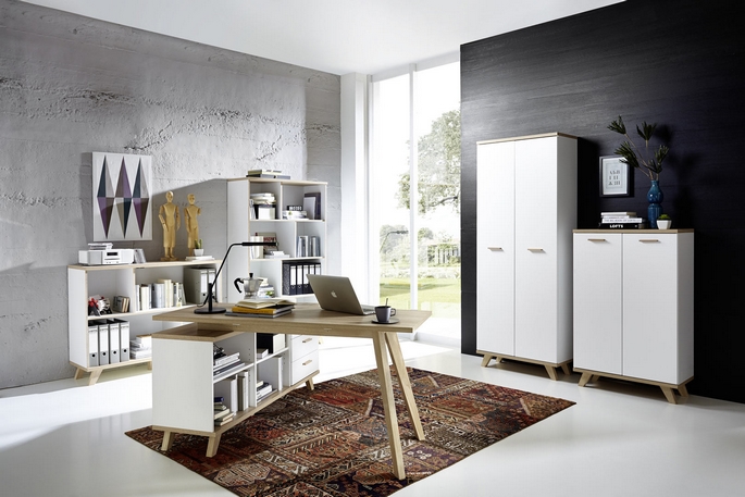 Ensemble de bureau scandinave chêne et blanc avec bibliothèques